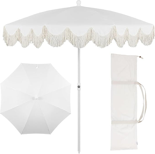 JONATHAN Y Mariner 6.5 ft. Solid Fringe Beach Umbrella, White | Push-Button Tilt, UV 50 Protection, Matching Carry Bag, Iron Pole, Wind Vent, Scalloped Round Canopy