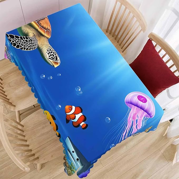 Sea Turtle Kitchen Tablecloth Ocean Underwater Jellyfish Shark Coral Reef Indoor Outdoor Table Cover Anti-Oil Table Cloths for Wedding Banquet Dinner Tablecloths, 52x70 Inch(4-6 Seats)