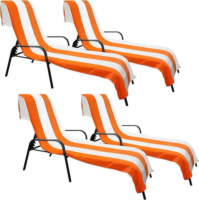 Superior Cabana Cotton Lounge Chair Cover, Outdoor Towel/Chaise Furniture Covers, Terry Cloth, Beach, Spa, Swim Accessories, Pool Chair Cover, Soft, Quick Drying, 32" x 102", Set of 4, Orange