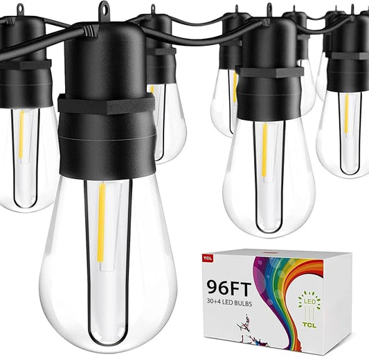 LED Outdoor String Lights, 96FT Patio String Lights with S14 30+4(Spare) Plastic Shatterproof Bulbs, ETL Listed IP65 Waterproof Heavy-Duty for Backyard Lights,Bistro Lights,Cafe Lights