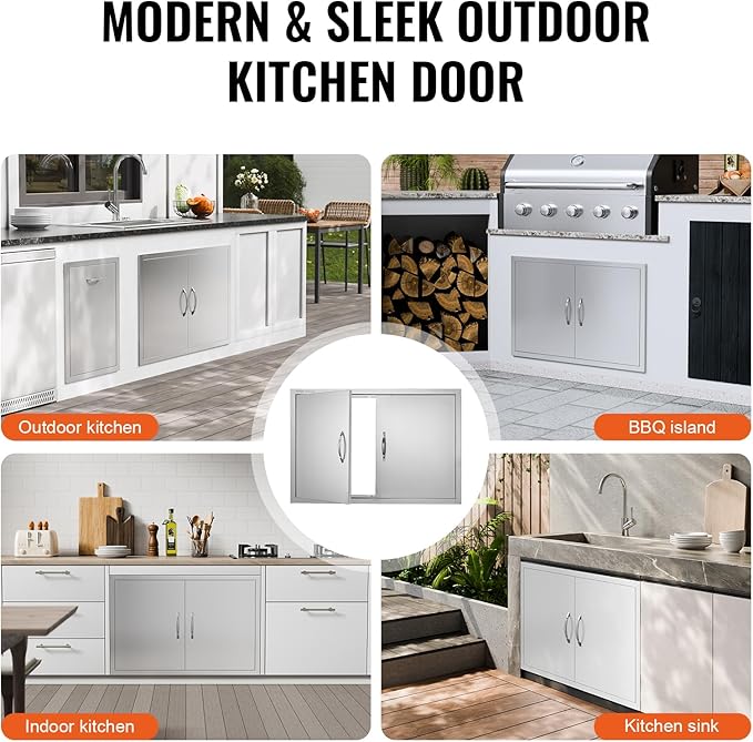 VEVOR BBQ Double Door, 35W x 24H Inch Stainless Steel Flush Mount Vertical Door with Handles, for Grilling Station