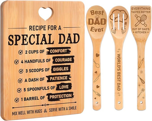Fathers Day for Dad Gifts - "Recipe for a Special Dad" Cutting Board Birthday Dad Gifts, Bamboo-Made Engraved Light-Duty Use Chopping Board or Kitchen Decor, Suitable for Serving Tray Entertaining.