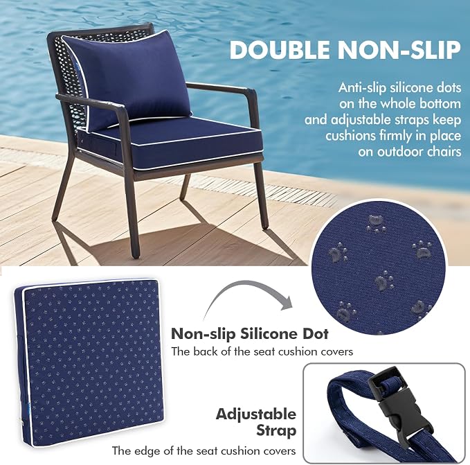 MIULEE Navy Outdoor Seat Cushion 24x24 Inch Waterproof Cushion | Deep Seat and Back Cushion for Patio Furniture Chair Sofa Couch, Fade Resistant, Handle and Adjustable Straps