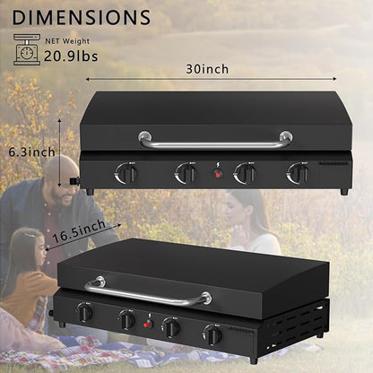 SKOK 4 Burner Gas Griddle with Hood- 30 Inch Outdoor Propane Griddle-60000 BTU Propane Fuelled, Portable Flat Top Gas Grill Camping Griddle with Lid for Outdoor BBQ, Camping