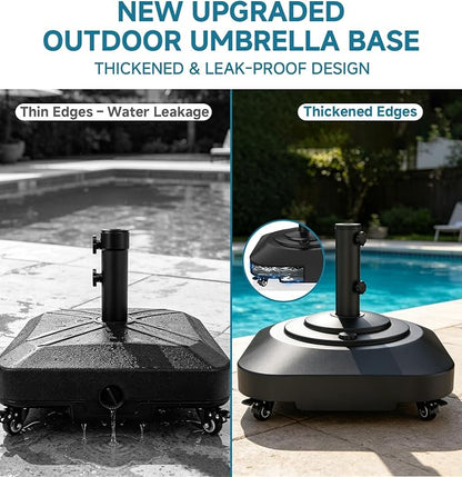Umbrella Base with 5 Wheels, 140 lbs Max Capacity Fillable Umbrella Stand | 360°swivel wheel for flexible steering, 2 locks 2 knobs, wind-resistant design, heavy duty base for patio, deck, outdoor