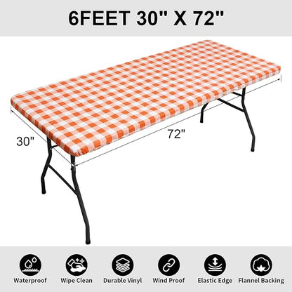Smiry Rectangle Picnic Table Cloth, Elastic Waterproof Fitted Vinyl Tablecloths, Flannel Backed Buffalo Plaid Table Covers for Dining, Camping, Outdoor, Thanksgiving (White and Orange, 30" x 72")