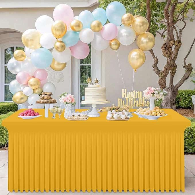 Smiry 2 Pack Spandex Elastic Fitted Table Cloth Skirt for 6FT Table | Stretch Washable Table Cloth, Banquet Table Cover for Wedding, Party, Indoor & Trade Shows, (Mustard Yellow, 72Lx30Wx30H)