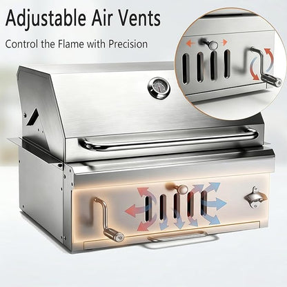 Large Charcoal BBQ Grills, Built in Barbecue Grill with Liftable Tray, Insulated Hood & Temp Gauge, Silver Stainless Steel BBQ Barrel Grill for Outdoor Kitchen Cooking Family Parties Patio Park Style