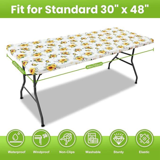 Smiry Spandex Fitted Tablecloth for 4 Foot Rectangle Tables, Washable Picnic Table Cover with Elastic, Stretch Reusable Table Cloth for Outdoor, Camping, Dining & Kitchen (Sunflower, 30"x48")