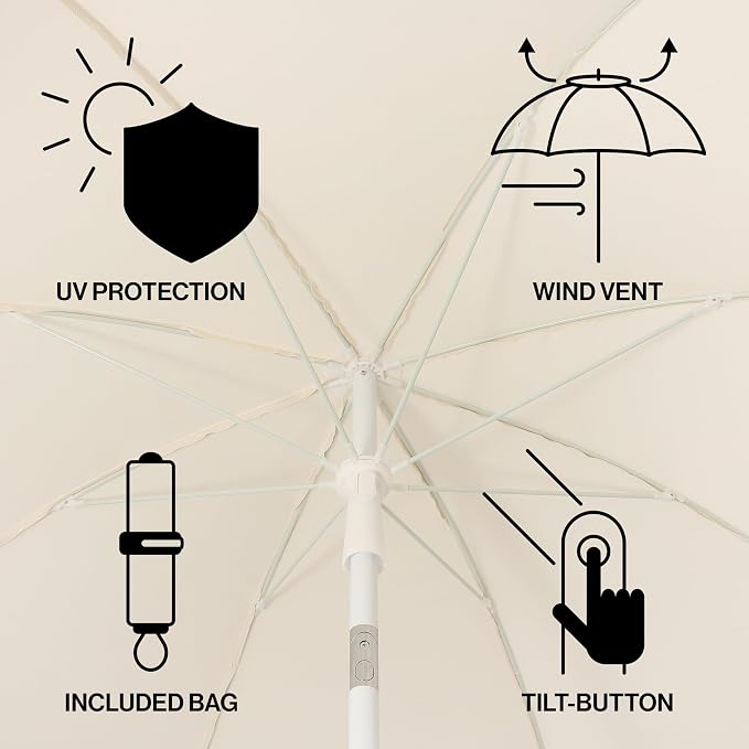 JONATHAN Y Horizon 6.5 ft. Scalloped Fringe Beach Umbrella, Cream | UV 50 Sun Protection, Push Button Tilt, Matching Carry Bag, White Iron Pole, Wind Vent, 8 Fiberglass Ribs, Pointed End