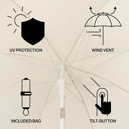 JONATHAN Y Horizon 6.5 ft. Scalloped Fringe Beach Umbrella, Cream | UV 50 Sun Protection, Push Button Tilt, Matching Carry Bag, White Iron Pole, Wind Vent, 8 Fiberglass Ribs, Pointed End