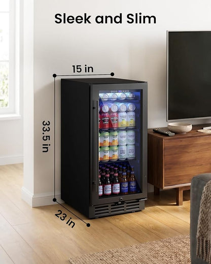 15 Inch Beverage Refrigerator 130 Cans | Under Counter Glass Door | 15 in beverage refrigerator, 130 cans, glass door, LED, lock, built-in or freestanding, quiet cooling for home, bar, kitchen