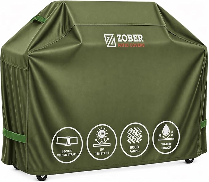 ZOBER Heavy Duty BBQ Grill Cover - 58 Inch Waterproof Double Layered Fits Weber Gas Grill Cover Charbroil Grill & Smoker - Gas Grill Covers w/Air Vents, Dual Handles - 600D Oxford Fabric, Olive