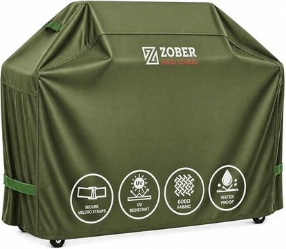 ZOBER Heavy Duty BBQ Grill Cover - 58 Inch Waterproof Double Layered Fits Weber Gas Grill Cover Charbroil Grill & Smoker - Gas Grill Covers w/Air Vents, Dual Handles - 600D Oxford Fabric, Olive