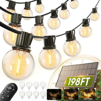 addlon 198FT Solar String Lights Outdoor, with 104 Waterproof LED Bulbs | Dimmable, Remote, 3 Modes, Shatterproof, Spaced 2FT, Easy Install, Ideal for Large Backyard, Garden, Wedding, Party, Camping