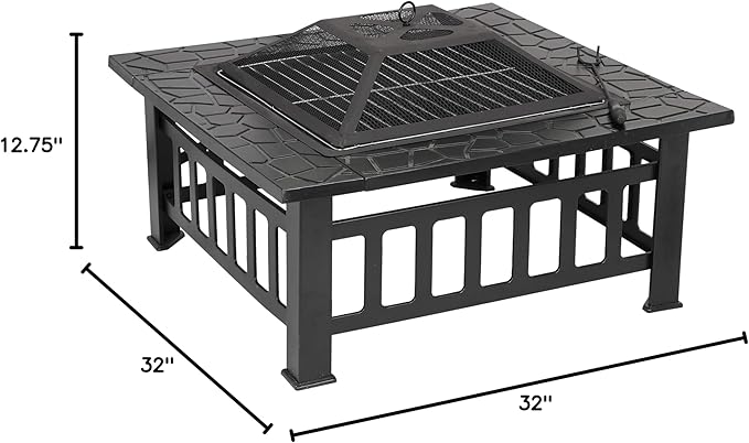 HomGarden 32" Fire Pit Outdoor Patio Square Metal Heater Deck Firepit Backyard Garden Home Stove Burning Fireplace w/Spark Screen,Poker,Cover,Grill