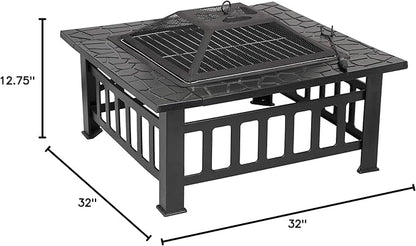 HomGarden 32" Fire Pit Outdoor Patio Square Metal Heater Deck Firepit Backyard Garden Home Stove Burning Fireplace w/Spark Screen,Poker,Cover,Grill