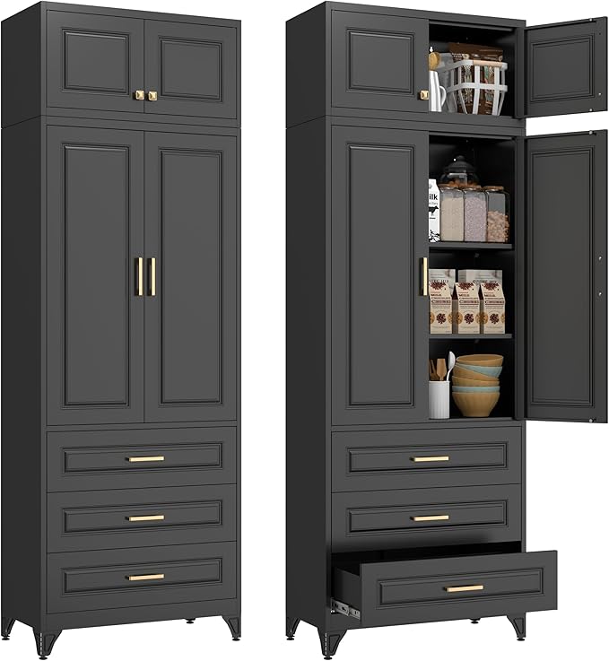 Polup Kitchen Pantry Cabinet, 90" Tall Cabinet with Three Drawers, Metal Food Pantry Cabinet and Shelves, Freestanding Cupboards for Dining, Living Room, Black,16" D x 32" W x 90" H, Assembly Required