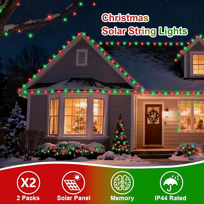 QITONG 2 Pack Red and Green Solar Christmas Lights, Each 66ft 200 LED Solar String Lights Outdoor Waterproof, 8 Modes Solar Twinkle Light for Outside