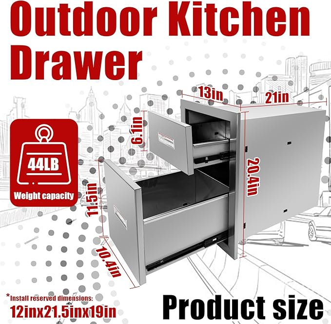Outdoor Kitchen Double Layer Drawer 13'' W x 20.4'' H x 21'' D Flush Mount BBQ Access Drawers Stainless Steel BBQ Island Drawers with Handle Suitable for Outdoor Kitchen Island Grill Station