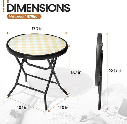 Foldable Side Table with Tempered Glass Top, 2 Pack Yellow | 18" Small Patio Side Tables Outdoor for Porch Yard Balcony Deck Lawn Garden