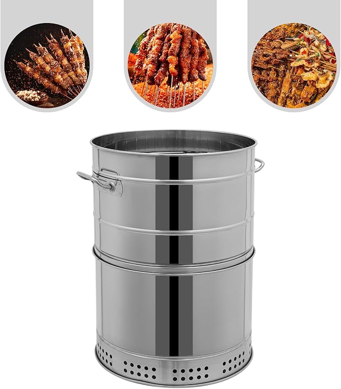 360° Smokeless Barrel Charcoal Grill – Large Portable Stainless Steel BBQ with 50 Skewers for Camping, Backyard & Outdoor Cooking