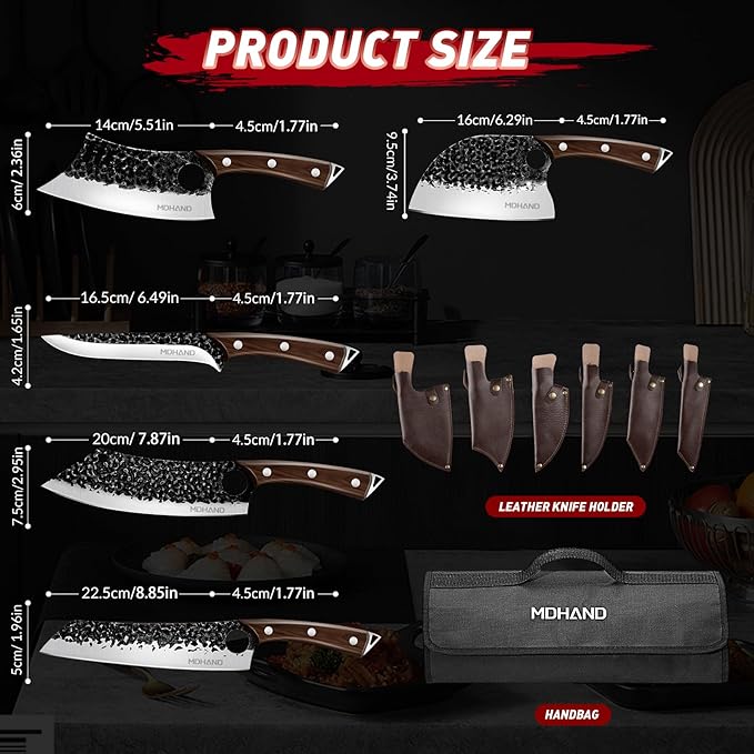 MDHAND Butcher Knife Set, 12PCS Hand Forged Serbian Chef Knife Set with Bag, High Carbon Steel Full Tang Kitchen Knives Set, Meat Cleaver & Boning Knife for Brisket Trimming BBQ Camping, Gift for Men