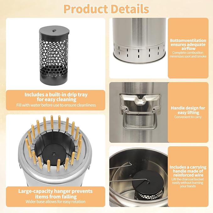 2-in-1 Charcoal Barrel Grill,Freely Switch Between the Grill Rack and Grill Mesh,20 Skewer Smokeless Portable Outdoor BBQ Grill with Stainless Steel Surround,Outdoor Cooking for Picnics Camping
