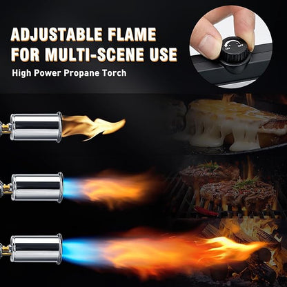 Powerful Grill & Cooking Propane Torch With a Safety Lock, Sous Vide, Welding Torch, Adjustable Wood Torch Burner for Searing Steak, BBQ, Campfire Starter,Black & Silve(Tank Not Included)