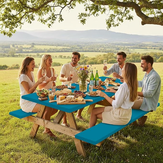 Smiry Picnic Table Cover with Bench Covers, Waterproof Elastic Fitted Polyester Tablecloths for 6 Ft Rectangle Tables, Washable Windproof Tablecloth for Camping, RV & Outdoor (Turquoise, 30x72 Inches)