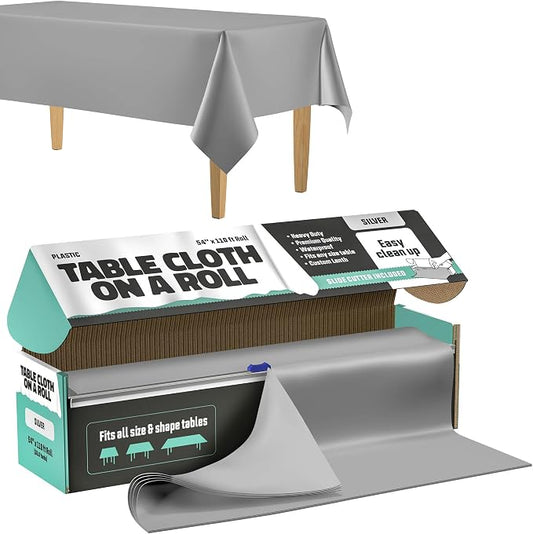 Tablecloth Roll – 54" X 110' Silver Premium Plastic Table Cloths with Cutter Box - Cut to Size - Decorative Rectangle Table Cover Smooth Tablecloth - Disposable Table Cloths for Parties, Weddings.