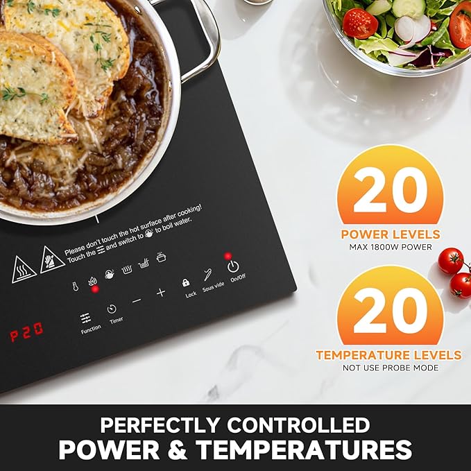 AMZCHEF Portable-Induction-Cooktop: 74 Temperature Levels Induction Burner with Digital Probe, 1800W Countertop Burner with 20 Power Levels, 6.5" Heating Coil, Low Noise Electric Cooktops with Timer