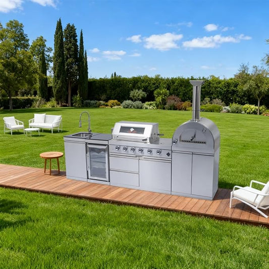112-Inch 108000 BTU Stainless Steel Propane Gas BBQ Grill Modular Outdoor Kitchen Island,485Sq.In Cooking Area,with Standalone Side Burner Pizza Oven,Rotisserie,Refrigerator,Silver