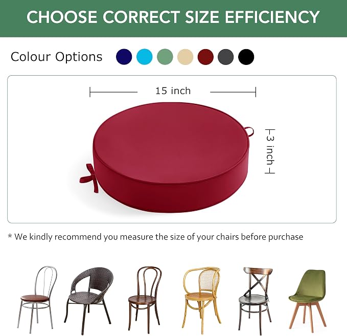 Summsun Outdoor Bistro Chair Cushions Set of 2, 15" D x 3" H Round Chair Cushions Waterproof and Fade Resistant Chair Cushion Pads with Non-Slip Ties and Removable Covers for Garden, Burgundy