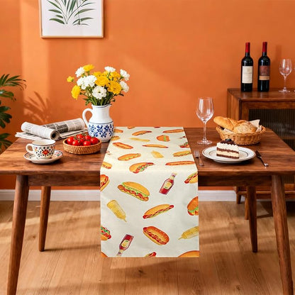 Penitue 13x72in/33x183cm Hot Dog Table Runner, Hot Dog Party Decorations Fast Food Sausage Theme Dining Table Cloth Tablecloth Decor for Indoor Outdoor Kitchen BBQ Supplies Accessories Gift Stuff
