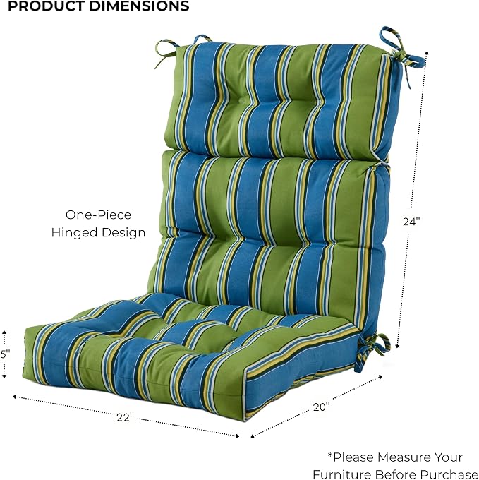 Outdoor Tufted High-Back Chair Cushions, One-Piece Hinged Seat and Back Design, Reversible with 4 Ties, Durable Polyester Fabric, Recycled Fiber Fill - Single, Cayman Stripe
