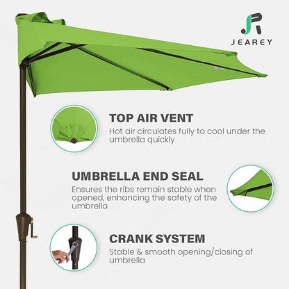 JEAREY 9ft Half Umbrella Outdoor Patio Umbrella Market Umbrellas with Crank, 1/2 Round Wall Umbrella 5 Sturdy Ribs UV Protection for Pool Garden Balcony Deck, Grass Green