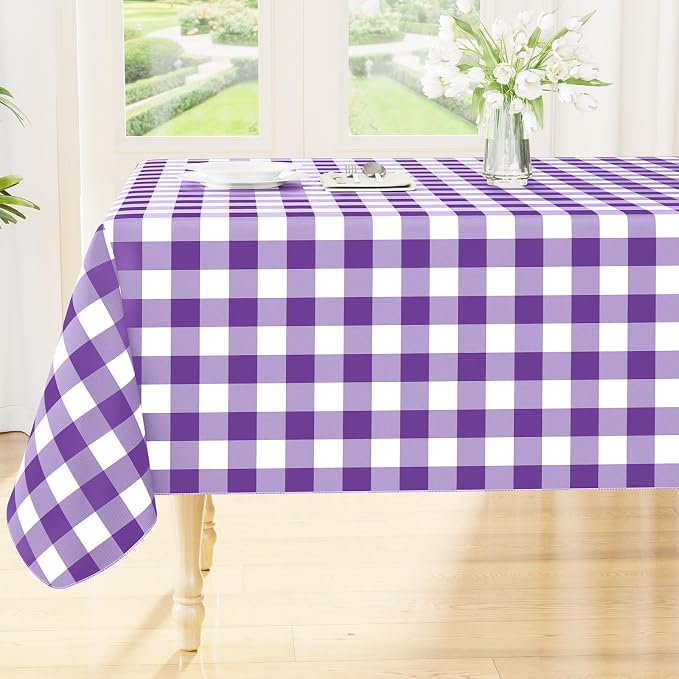 Smiry Picnic Table Cloth, Vinyl Tablecloths with Flannel Backing, 60"x120" | Waterproof Rectangle Table Cloth, Wipeable Buffalo Plaid Table Cover for Indoor and Outdoor (Purple & White)