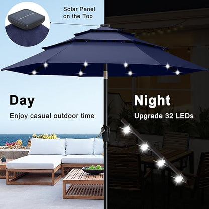 ABCCANOPY 3-Tiers 11FT Solar Patio Umbrella, Outdoor Umbrella with 32 LED Lights for for Deck, Pool, Garden, Backyard (Navy Blue)
