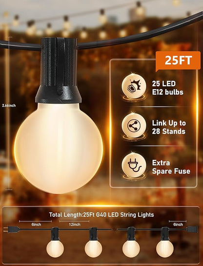 25FT G40 LED Frosted Outdoor String Lights with 27 Globe Blubs(2 Spare), Commercial Grade Waterproof Backyard Lights for Outside Wedding Decor