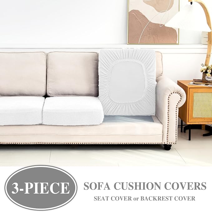 LA MEACK Couch Cushion Covers Seat Cushion Cover Stretch Couch Cover Separate Sectional Sofa Slipcovers Furniture Protector(3 Pieces for Seat or Sofa Backrest, White)