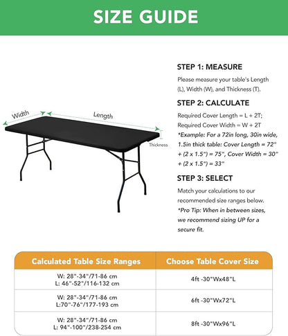 Fitted Tablecloth Rectangle Table Cloths with Elastic, 8 ft, Black, 6 Pack | For Outdoor Picnic Camping Party 8 foot Folding Spandex Table Covers, Water-Resistant, Windproof, Reusable, 96"L x 30"W