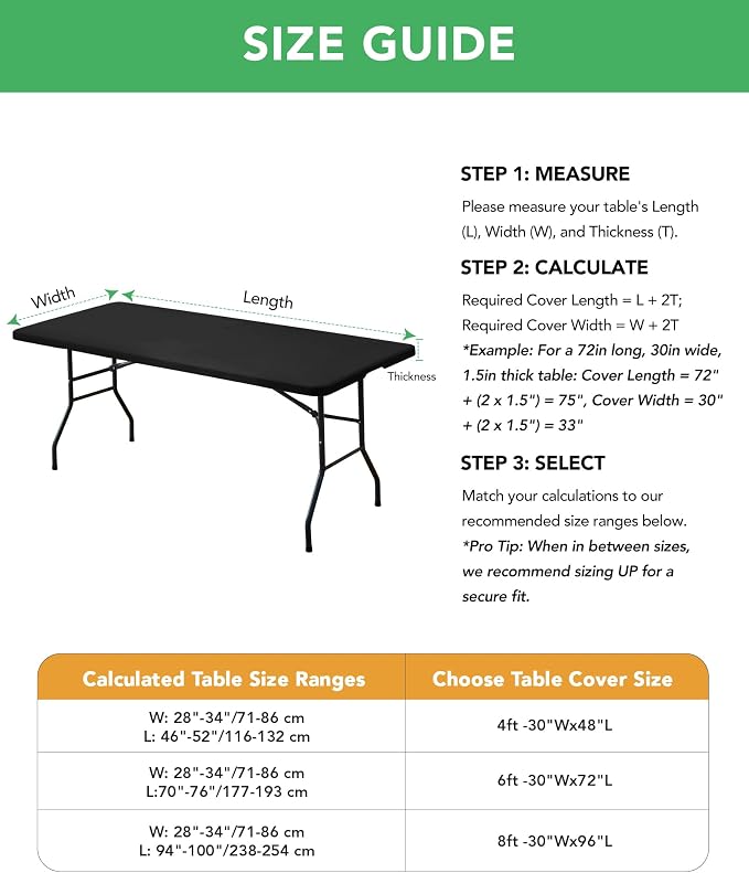 Fitted Tablecloth Rectangle Table Cloths with Elastic, 6 ft, Black, 8 Pack | For Outdoor Picnic Camping Party 6 foot Folding Spandex Table Covers, Water-Resistant, Windproof, Reusable, 72"L x 30"W