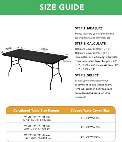 Fitted Tablecloth Rectangle Table Cloths with Elastic, 6 ft, Black, 8 Pack | For Outdoor Picnic Camping Party 6 foot Folding Spandex Table Covers, Water-Resistant, Windproof, Reusable, 72"L x 30"W