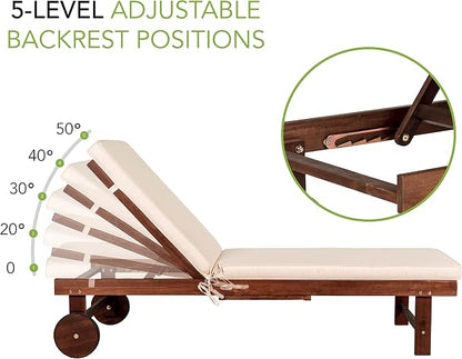 JONATHAN Y Seabrook 23.62" x 68.9" Acacia Wood Outdoor Chaise, Dark Brown | 5-Position Adjustable Back, Ivory Polyester Cushion, Pull-Out Side Table, Built-In Wheels, 600lb Capacity, Modern Coastal