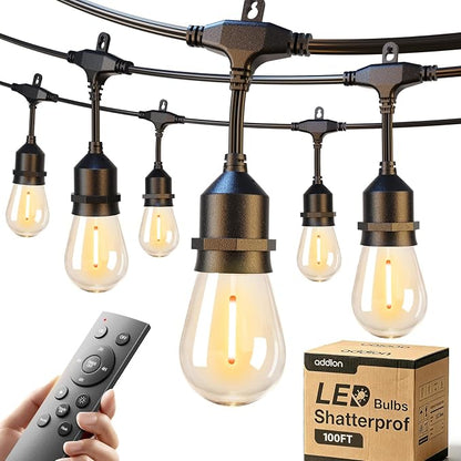 addlon 100FT Outdoor String Lights with Remote Dimmable Waterproof Patio | Warm White Edison Bulbs, Heavy Duty Shatterproof Hanging Strand for Outside Backyard Porch Garden Bistro Pergola Party