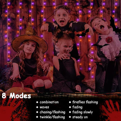 echosari Halloween Curtain Lights Battery Operated 300 LED Purple Orange | 9.8Ft x 9.8Ft Hanging Lights with Remote Timer for Party Garden Yard Decor