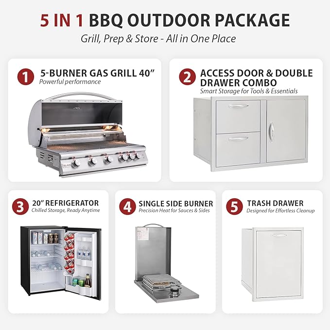 BLAZE BBQ Outdoor Grill Package 4 of 40” LTE Built-in Natural Gas Grill, Dop-In Single Side Burner, 32” Door & Two Drawers Combo, Double Trash Drawer, 20” Compact Refrigerator, and Accessories