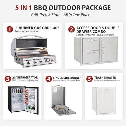 BLAZE BBQ Outdoor Grill Package 4 of 40” LTE Built-in Natural Gas Grill, Dop-In Single Side Burner, 32” Door & Two Drawers Combo, Double Trash Drawer, 20” Compact Refrigerator, and Accessories
