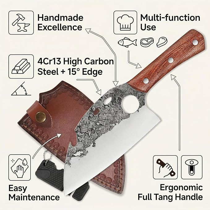KOFERY Serbian Cleaver Hand Forged Viking Butcher Knife with 4Cr13 High Carbon Steel Full Tang for Camp Cooking, Outdoor BBQ, Butchering Meat & Fish, Includes Leather Sheath and Sharpener